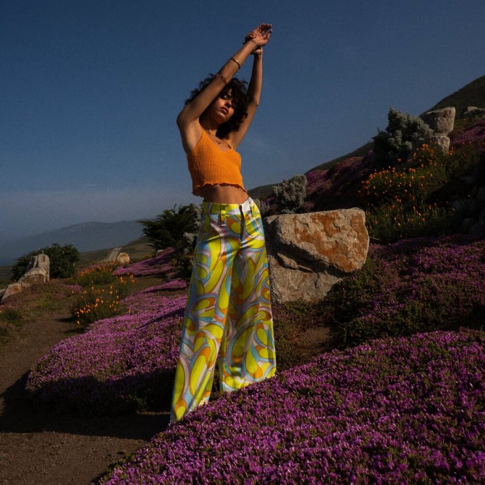 Zara Wide Leg Swirl Print Pants with Orange Crop Top